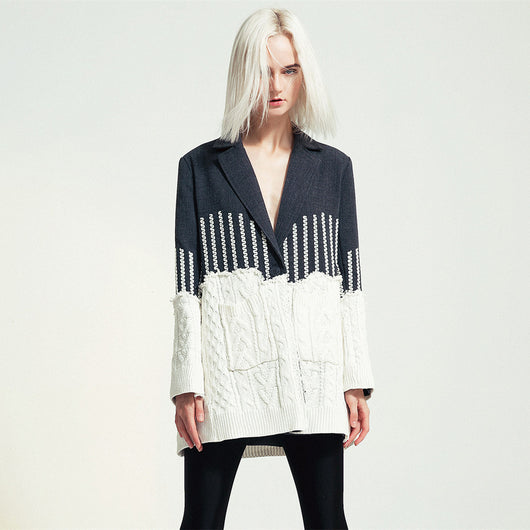 Chaqueta de Punto Jacquard Patchwork con Borde Deshilachado