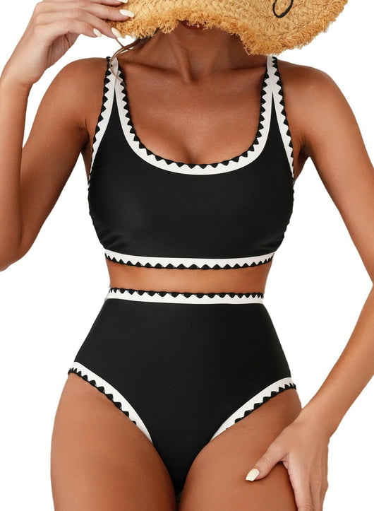 Green and white floral paisley high-waisted bikini swimsuit with scalloped edges on a model. - Image 6