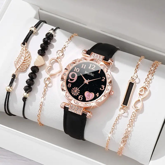 Reloj de Cuarzo con Diamantes y Pulsera de Cuentas para Mujer