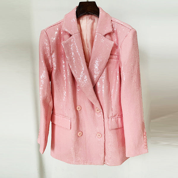 Blazer Suelto Doble Botonadura Rosa Raíz de Loto con Lentejuelas