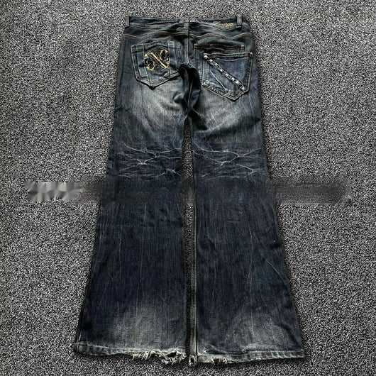 Pantalones Acampanados Denim Vintage con Bordados - Estilo Retro Lavado - Image 8