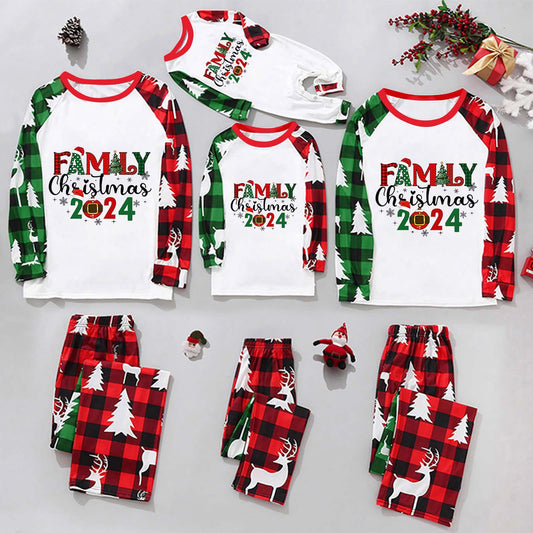 Matching family Christmas pajamas with red and green plaid, deer, and Christmas tree patterns, featuring "FAMILY Christmas 2024" text.