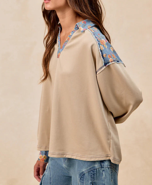Sudadera Holgada Estilo Francés con Solapa y Patchwork para Mujer - Image 6