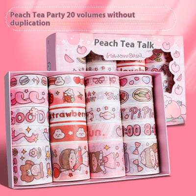 Set of 20 rolls of cute cartoon washi tape in a pink 'Peach Tea Talk' gift box, featuring peach, strawberry, and bear designs. - Image 6