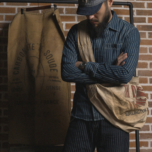 Camisa Vintage de Manga Larga a Rayas con Detalles de Trabajo para Hombre
