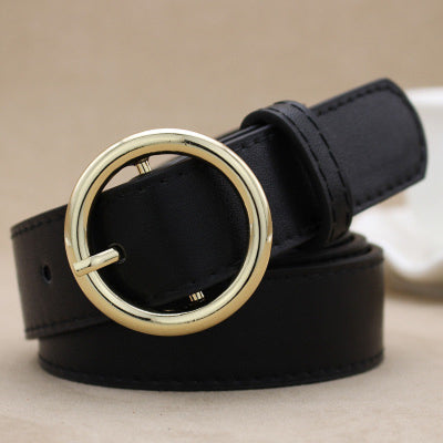Khaki imitation leather belt with a shiny gold-colored round buckle and visible stitching details. - Image 10