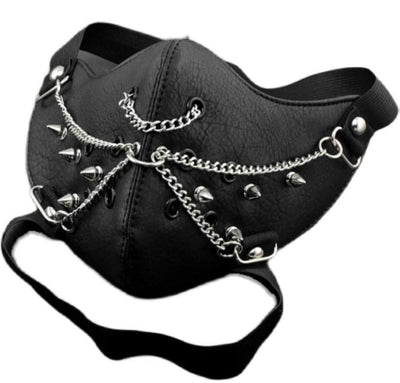 Black leather half-face mask with brass chains, spikes, and gear accents, featuring adjustable elastic straps. - Image 25