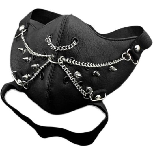 Black leather half-face mask with brass chains, spikes, and gear accents, featuring adjustable elastic straps. - Image 25