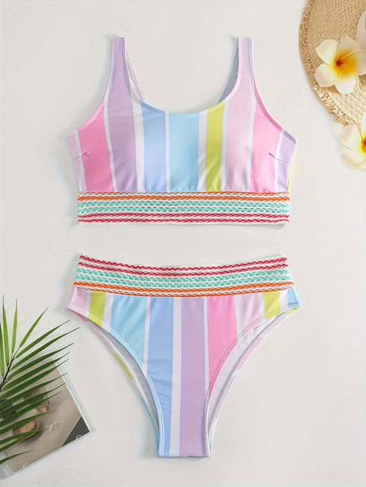 Women's pastel rainbow striped bikini with a sports top and high-waisted bottom, featuring decorative trim. - Image 7
