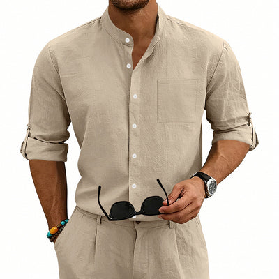 Camisa de Lino Estilo Americano con Cuello Mao y Mangas Medianas para Hombre - Image 18
