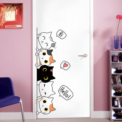 Cute cartoon cat wall sticker featuring five cats in white, black, and orange with speech bubbles. - Image 9