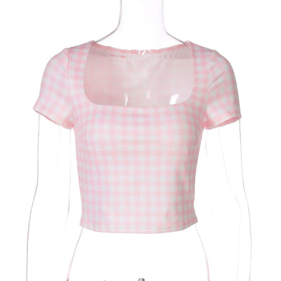 Blusa Corta Estampado Cuadros Ajustada Ombliguera Manga Corta - Image 11