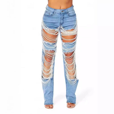 Pantalones Rectos con Adornos de Cadena de Cuentas - Image 2