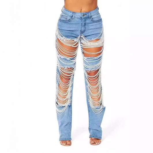 Pantalones Rectos con Adornos de Cadena de Cuentas - Image 2