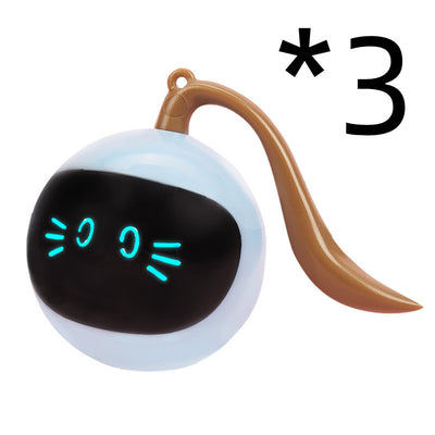 Yellow spherical cat toy with a black face panel, glowing blue eyes and whiskers, and a grey tail. - Image 10