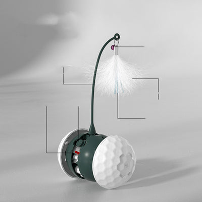 Electric cat toy with a white golf ball-textured base, a dark green flexible arm, and a white feather attachment. - Image 9