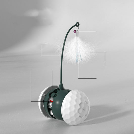 Electric cat toy with a white golf ball-textured base, a dark green flexible arm, and a white feather attachment. - Image 9