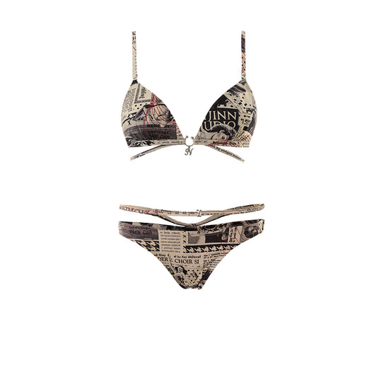 Retro newspaper print two-piece swimsuit set with a backless triangle bikini top and matching cut-out bottoms. - Image 2