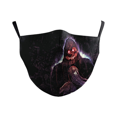 Dark green dust mask with a pattern of white skulls, blue flowers, and pink butterflies, featuring black ear loops. - Image 12