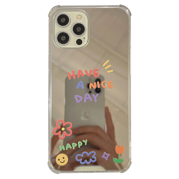 Protector de Celular con Espejo Floral y Carita Sonriente