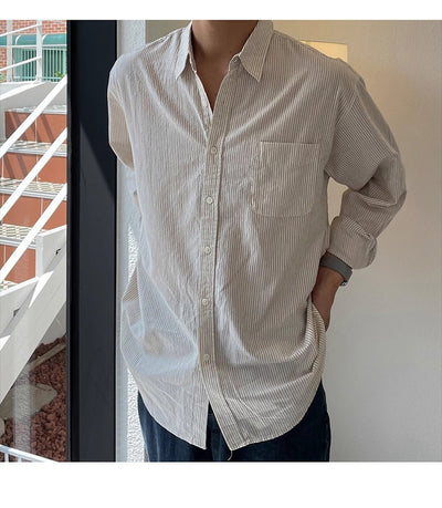Camisa Casual Holgada de Manga Larga a Rayas para Hombre - Image 9