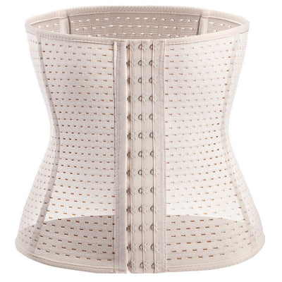 Beige steel-boned waist trainer corset with a hook-and-eye front closure and perforated, breathable fabric. - Image 7