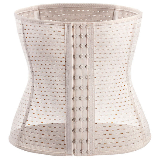 Beige steel-boned waist trainer corset with a hook-and-eye front closure and perforated, breathable fabric. - Image 7