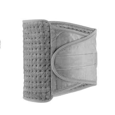 Gray quilted waist heating belt with an adjustable strap, wired remote control, and power plug, shown with its box. - Image 11