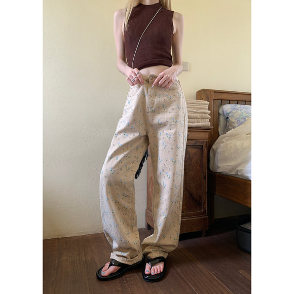 Jeans Retro Cintura Alta Floral Claro Holgado Recto Mujer