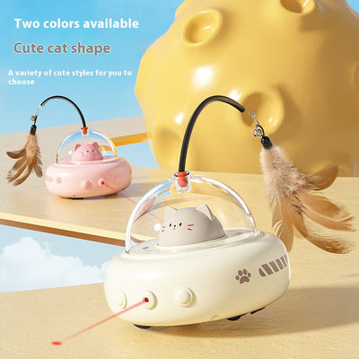 Pink electric UFO cat teaser toy with a clear dome, a cute pink cat head, and a feather wand with a bell. - Image 5