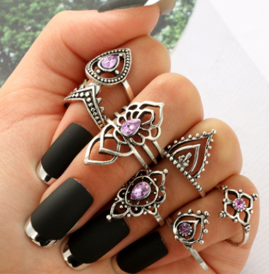 Juego de 7 Anillos de Cristal Púrpura Retro Hueco con Diamantes Florales para Mujer - Image 3