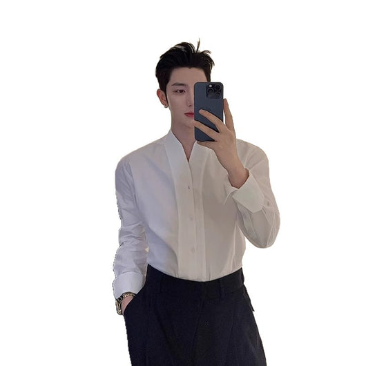 Camisa Francesa Cuello V Blanca de Manga Larga para Hombre - Image 6