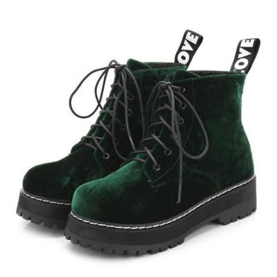 Botas Vintage de Terciopelo con Tiras - Botines Martin de Tacón Grueso