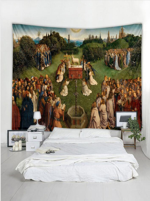 Ghent Altarpiece tapestry featuring the Adoration of the Mystic Lamb, displayed above a bed in a modern bedroom.