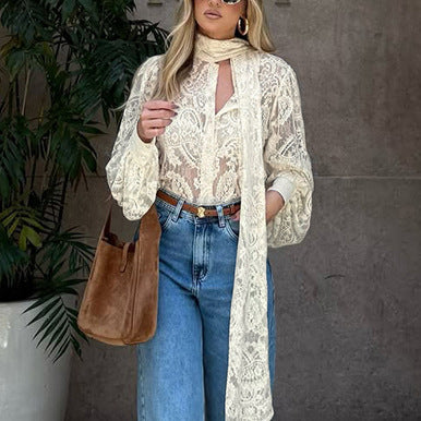 Blusa Elegante de Encaje Francés con Mangas Largas Transparentes - Image 4