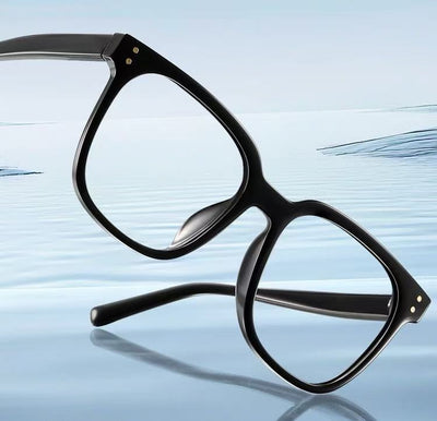Full-frame trendy blue light blocking glasses with a transparent blue square frame and clear lenses. - Image 23
