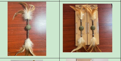 Natural catnip stick toy with a green catnip ball in the center and fluffy brown and white feathers on both ends. - Image 8