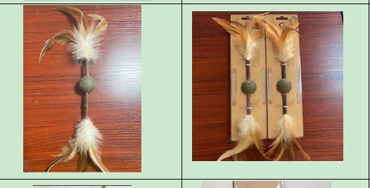 Natural catnip stick toy with a green catnip ball in the center and fluffy brown and white feathers on both ends. - Image 8