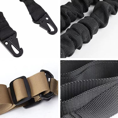 Black crossbody nylon strap with elastic sections, adjustable buckles, and two metal hooks for tension adjustment. - Image 6