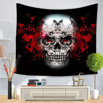 Purple and black tapestry featuring a stylized skull design with glowing orange eyes and intricate patterns, hung on a wall. - Image 5