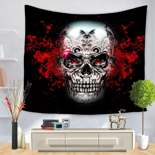 Purple and black tapestry featuring a stylized skull design with glowing orange eyes and intricate patterns, hung on a wall. - Image 5
