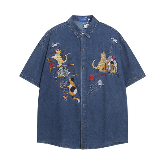 Camisa Denim Manga Corta con Bordado de Gato para Hombre