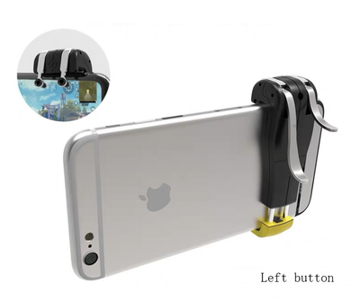 Black and silver mobile gaming trigger controller attached to a silver smartphone, showing the left button and game screen. - Image 15