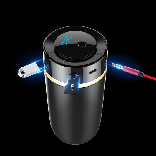 Black and gold car air purifier and humidifier with Bluetooth music, digital display, and USB port. - Image 2