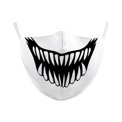 Beige double-layer dust mask with ear hooks, featuring a digital print of a wide, creepy smile with white teeth and red gums. - Image 18