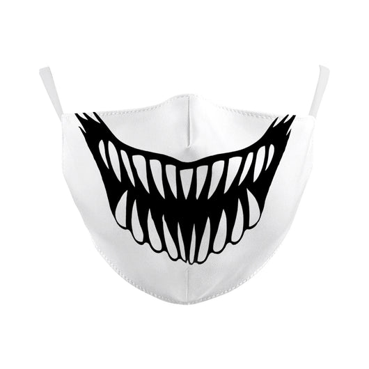 Beige double-layer dust mask with ear hooks, featuring a digital print of a wide, creepy smile with white teeth and red gums. - Image 18