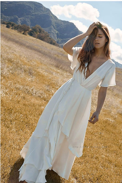 Vestido Blanco Largo Escote V Patchwork Manga Corta - Image 2