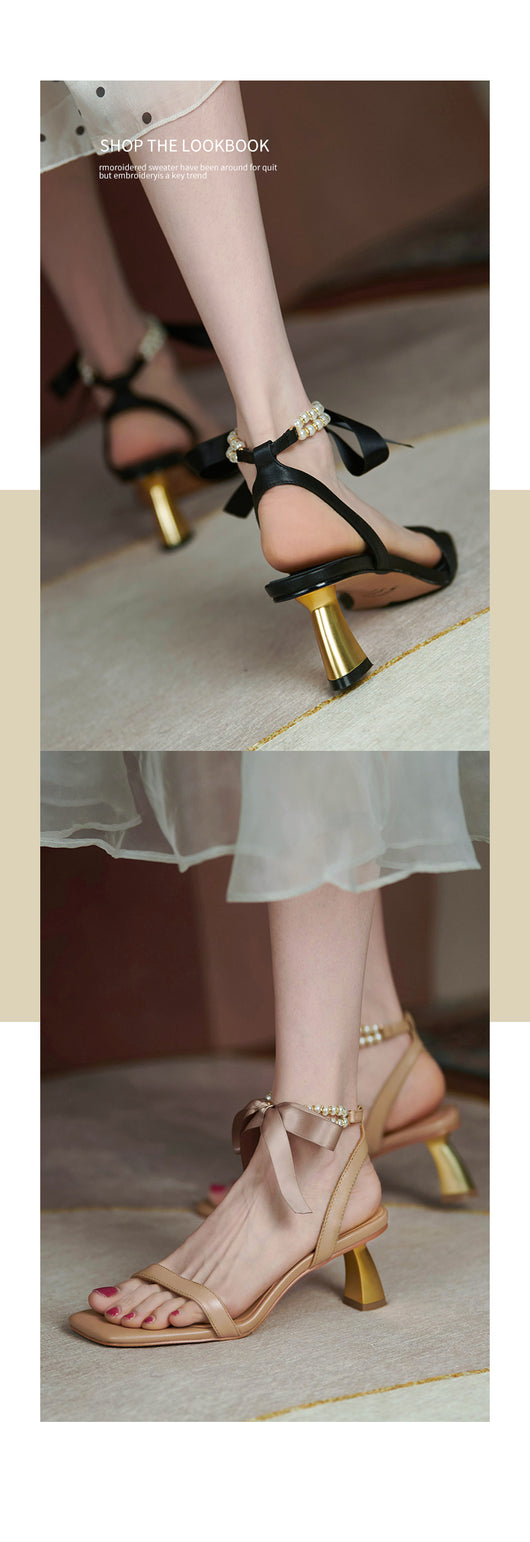 Sandalias de Tacón Grueso con Tira Perla Francesa y Cuero para Mujer - Image 9