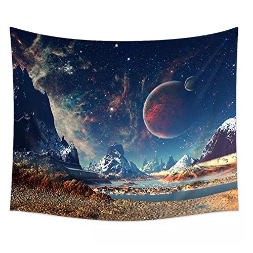 Polyester tapestry featuring a vibrant print of an alien landscape with snow-capped mountains, a river, and a starry night sky with two planets.