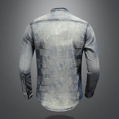 Camisa Denim Punk con Parches de Colores Retro para Hombre - Image 9